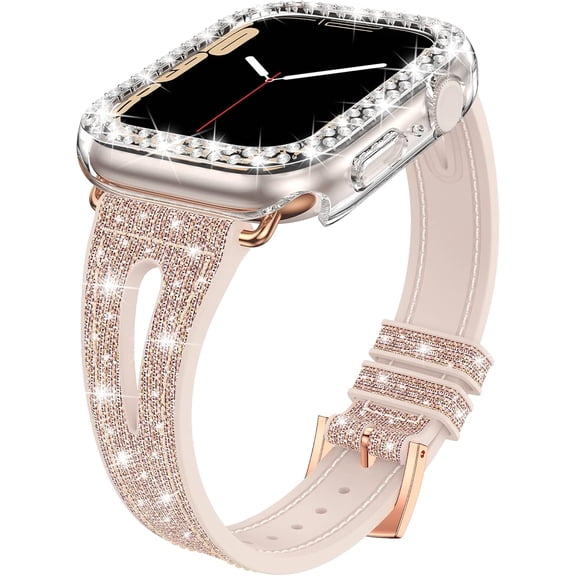 PLUMYHG-for Apple Watch 46mm 45mm 44mm 42mm 41mm 40mm Series 10/9/8/7/6/5/4/SE Bling Silicone Band with Lightweight Glitter Bumper Case, Soft & Breathable Thin Strap Cover for Women