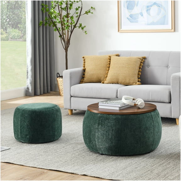 Green Round Fabric Storage Ottoman with Removable Top, 2-in-1 Ottoman and End Table, No Assembly Required for Living Room, Bedroom, Apartment