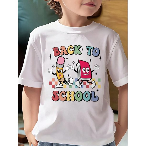 Boys Back To School Pattern T-Shirt - Short Sleeve Crew Neck T-Shirt With Cartoon Pencil and Book Design, Soft and Breathable, Suitable For Spring and Summer Casual Wear, Lively Young Design