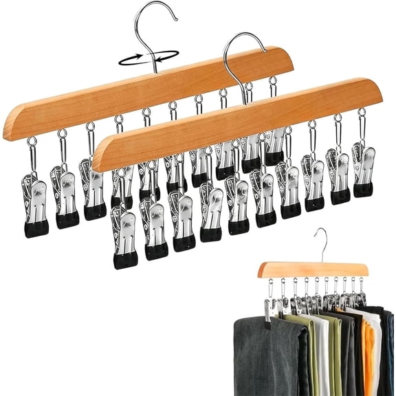 MORAVE 2 Pack Wooden Pants Hangers with 10 Clips, 360° Rotating Hook, Non-Slip Heavy Duty Space Saving Closet Organizer for Skirts, Scarves, Hats, Socks and Wardrobe Storage