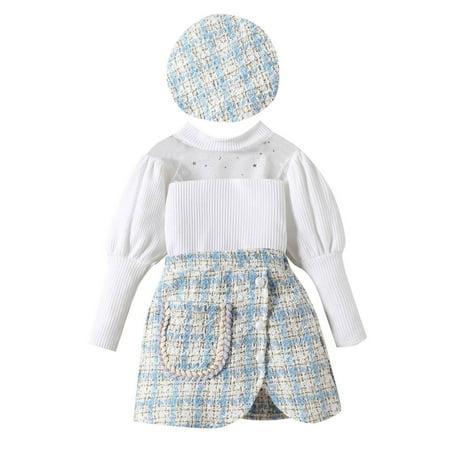 

MHZLDYZ Clearance Girls Outfits Toddler Girls Bubble Sleeve Fine Glitter Cutout Top and Plaid Print Irregular Skirt Girl Fall Outfits With Hat Cute Clothes for Girls 10-12 (Light Blue 130)