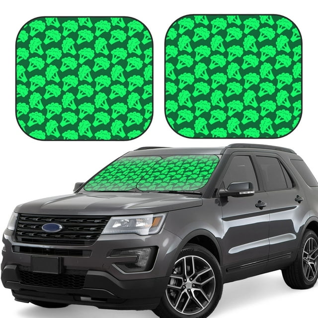 Honeii Green Broccoli Print Foldable Car Sun Shade for Windshield, 2-Piece UV Protection Shade, Protects Car Interior, Ideal for Cars, Trucks, SUVs-Small