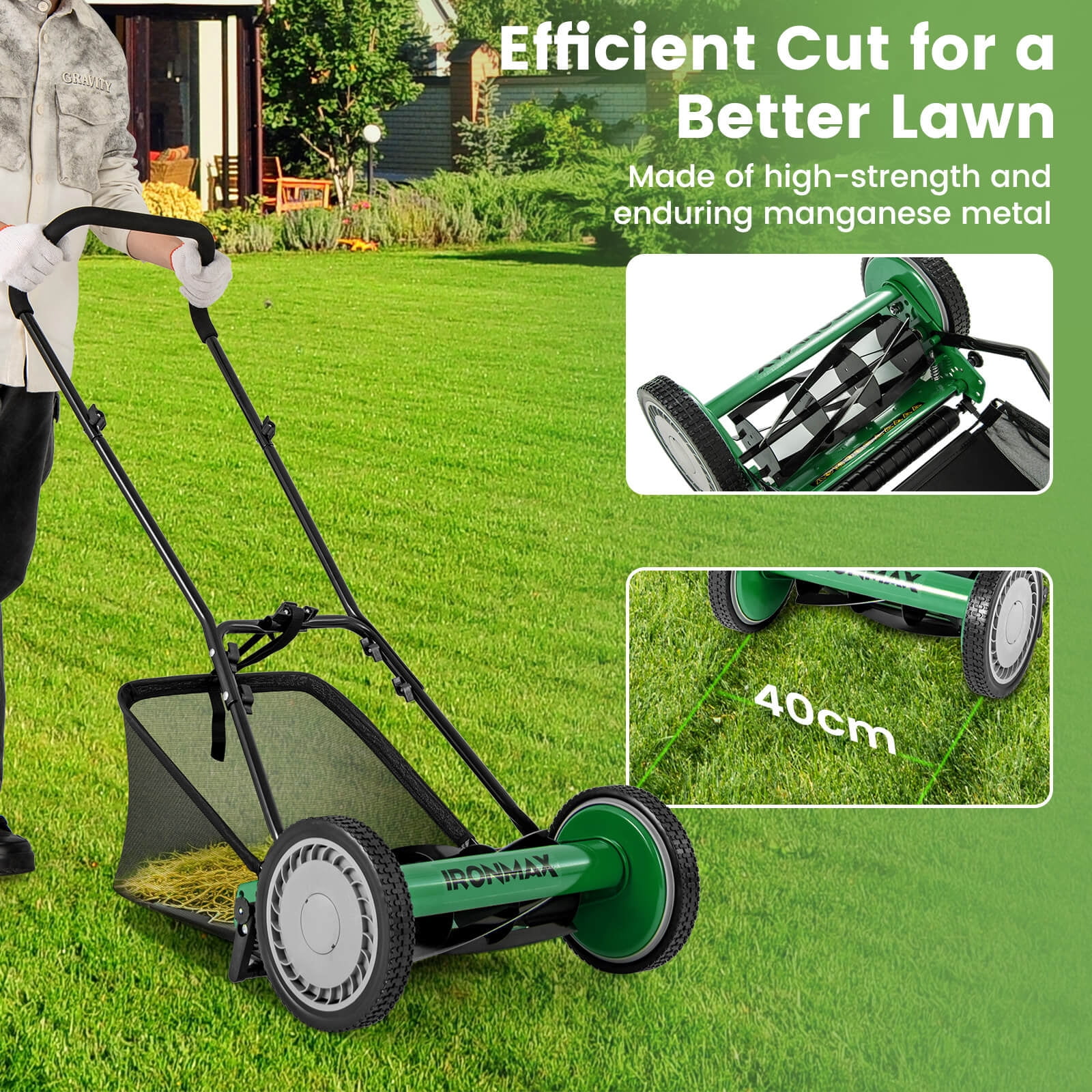 Ironmax 16" Push Lawn Mower with 5-Blade 6.9 Gallon Removable Grass Catcher for Garden Green + Black
