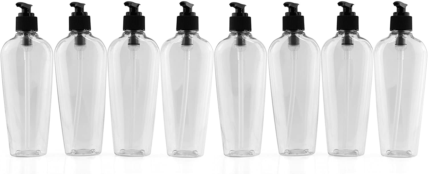8 Ounce Clear Oval-Shaped Plastic Lotion Bottles w/Black Pump (8-Pack; 8oz)