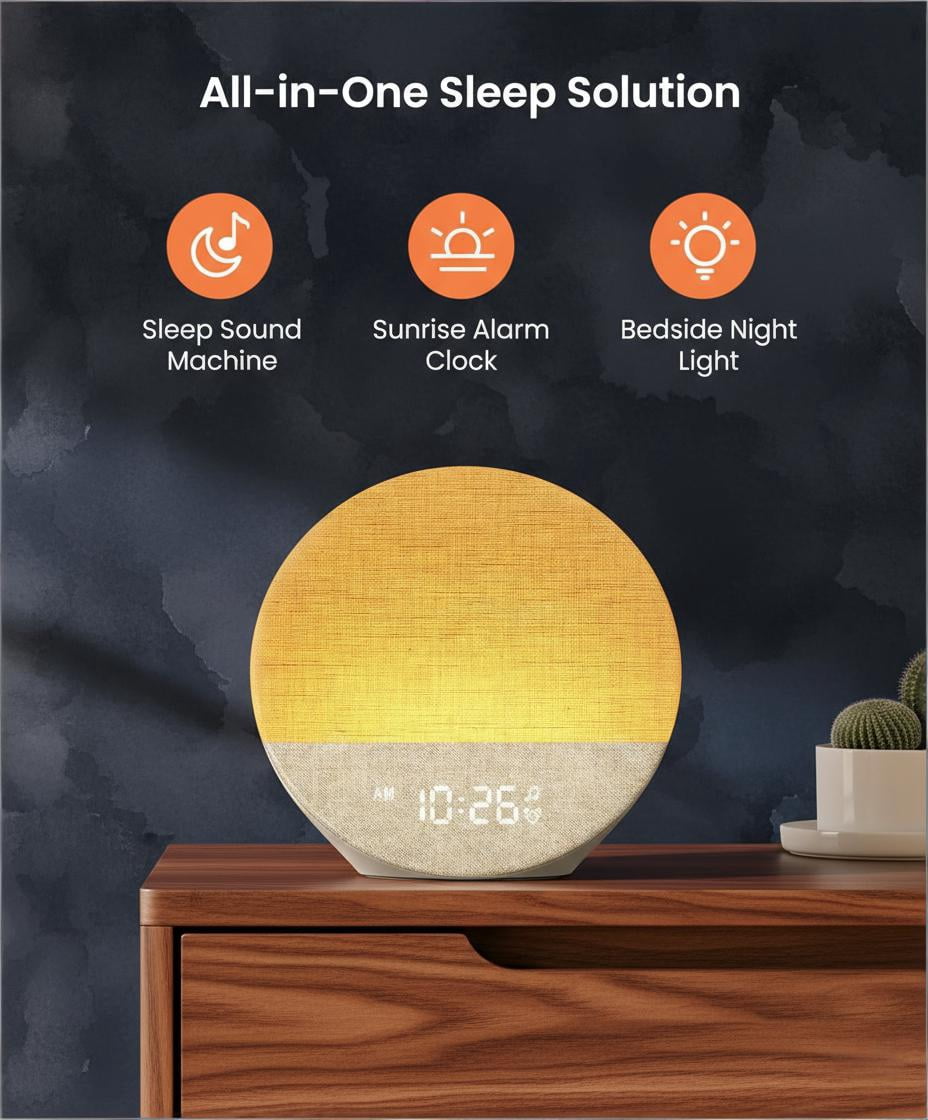 Maxstar Sunrise Alarm Clock White Noise Sound Machine for Bedroom | Natural Wake-Up Light with Soothing Sleep Aids, Bluetooth Speaker, Dimmable Clock, Screen-Free Design for Baby Adults Kids