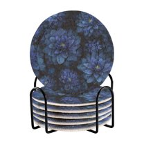 6 Pcs Drink Coasters with Holder 3.94in Woven Coasters for Drinks Deep Blue Flower Coaster Set for Protection Table