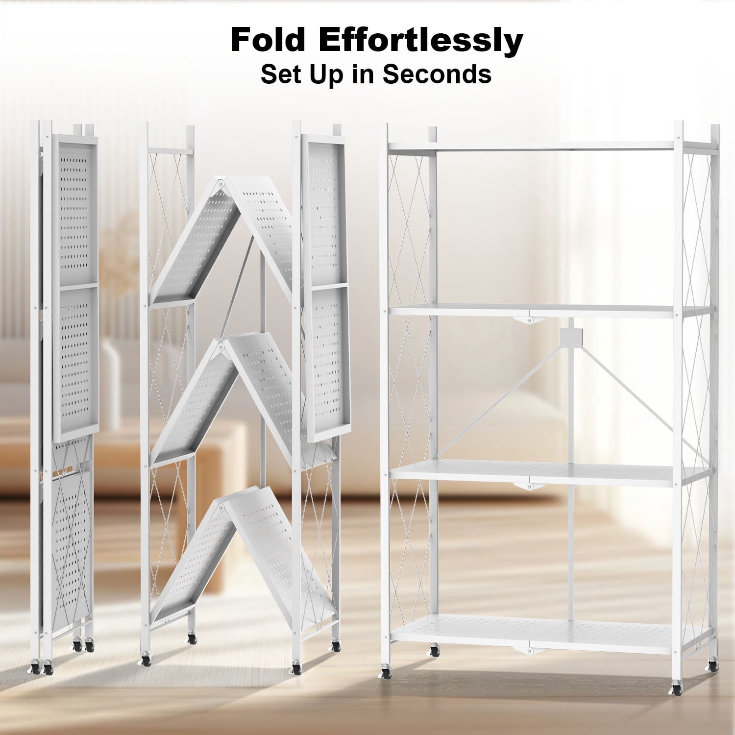 4 Tier Foldable Shelf with Wheels, Portable Carbon Steel No Assembly Organizer, Collapsible Rolling Standing Utility Storage Rack for Kitchen Pantry Office,White