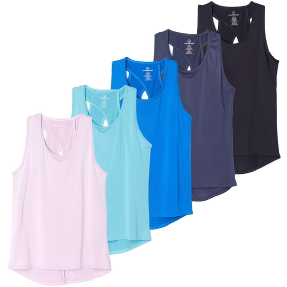 Real Essentials 5 Pack: Women's Crossback Keyhole Open Back Workout Tank Top Dry-Fit Sleeveless Yoga Gym (Available In Plus)