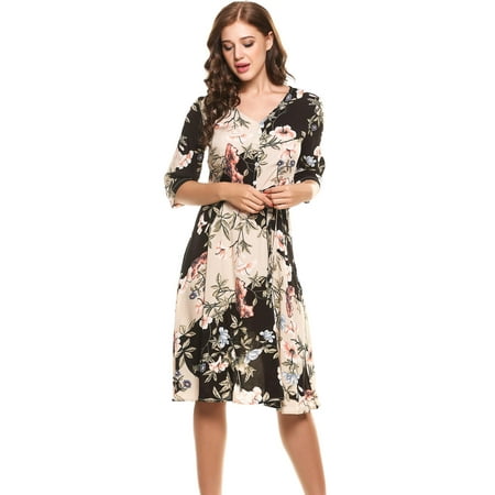 Three Quarter Sleeve Mini Dress Women Casual V-Neck Three Quarter Sleeve Prints A-Line Pleated Hem Dress with Waist Belt HFON ()