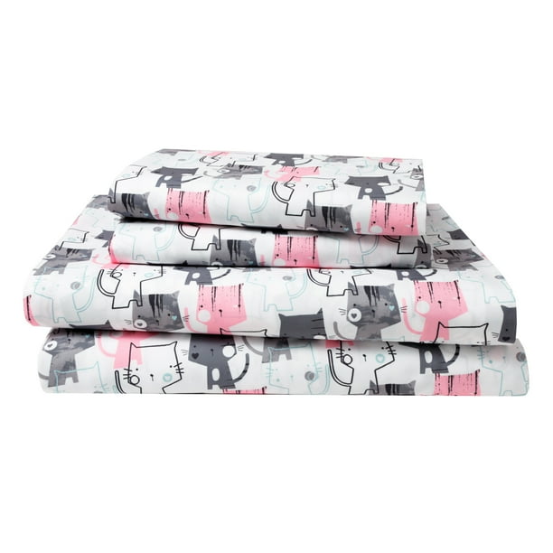 Cat Twin Sheet Set Microfiber Kitten Pet Lover Bedding Pink Grey Walmart Com Walmart Com