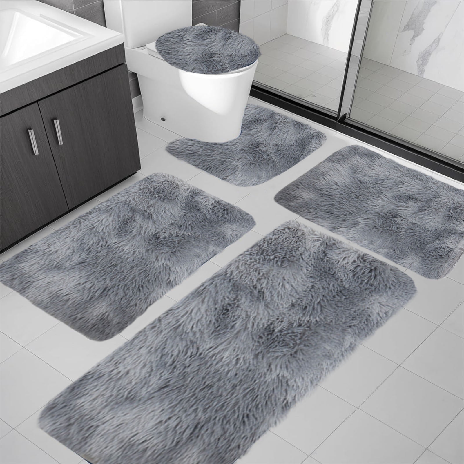 AuroraX Bathroom Rugs Sets 5 Piece,Non Slip Washable Soft Gray Bathroom Runner Rug with Toilet Rug U Shaped Bathroom Home Decor Eclectic