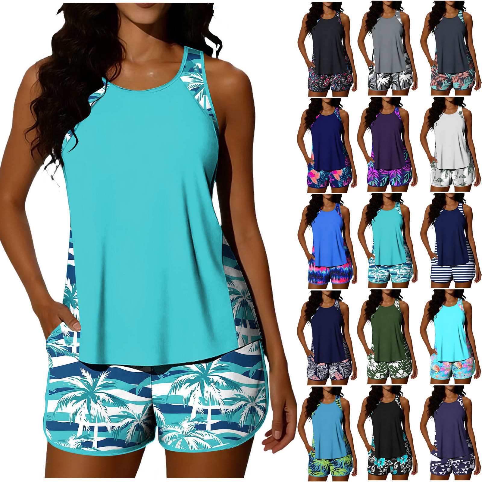 Horkkom Tankini Swimsuits for Women Two Piece Summer Beach Bathing Suit Slim Swim Suits with Shorts, Camisole Tops L
