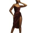thumbnail image 4 of HBYJLZYG Women's Spaghetti Straps Sleeveless Bodycon Dress Scoop Neck Ruced Split Hem Midi Dresses, Dresses For Women 2024, 4 of 6
