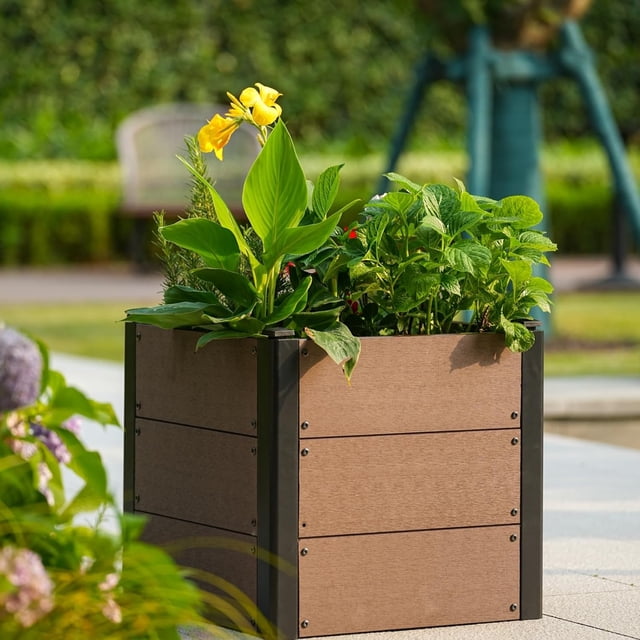Elevated Wood-Look Raised Garden Bed with Wheels – Durable Composite Planter Box, Deep Root Design, Open-Bottom Drainage, Easy Assembly, Mobile Outdoor Planter for Vegetables, Herbs & Flowers