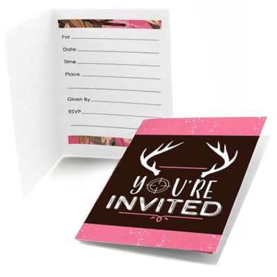 Pink Gone Hunting - Fill In Deer Hunting Girl Camo Baby Shower or Birthday Party Invitations (8 count)