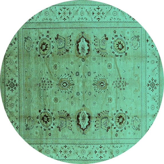 Ahgly Company Machine Washable Indoor Round Oriental Turquoise Blue Industrial Area Rugs, 5' Round