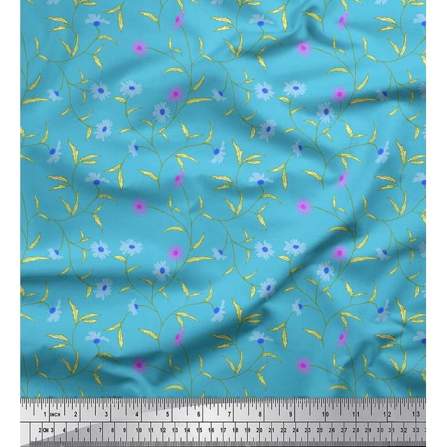 Soimoi Polyester Crepe Fabric Leaves & Aster Floral Decor Fabric Printed Yard 42 Inch Wide