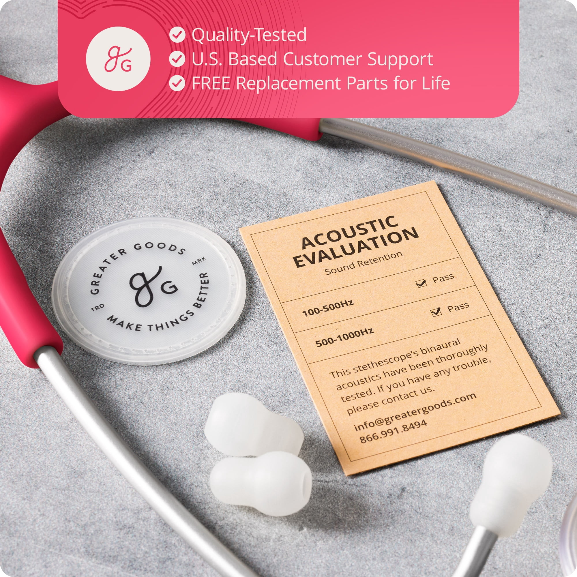 Greater Goods Dual-Head Stethoscope, Clear Doctors, Nurses, Students, First Aid Kit (Red)