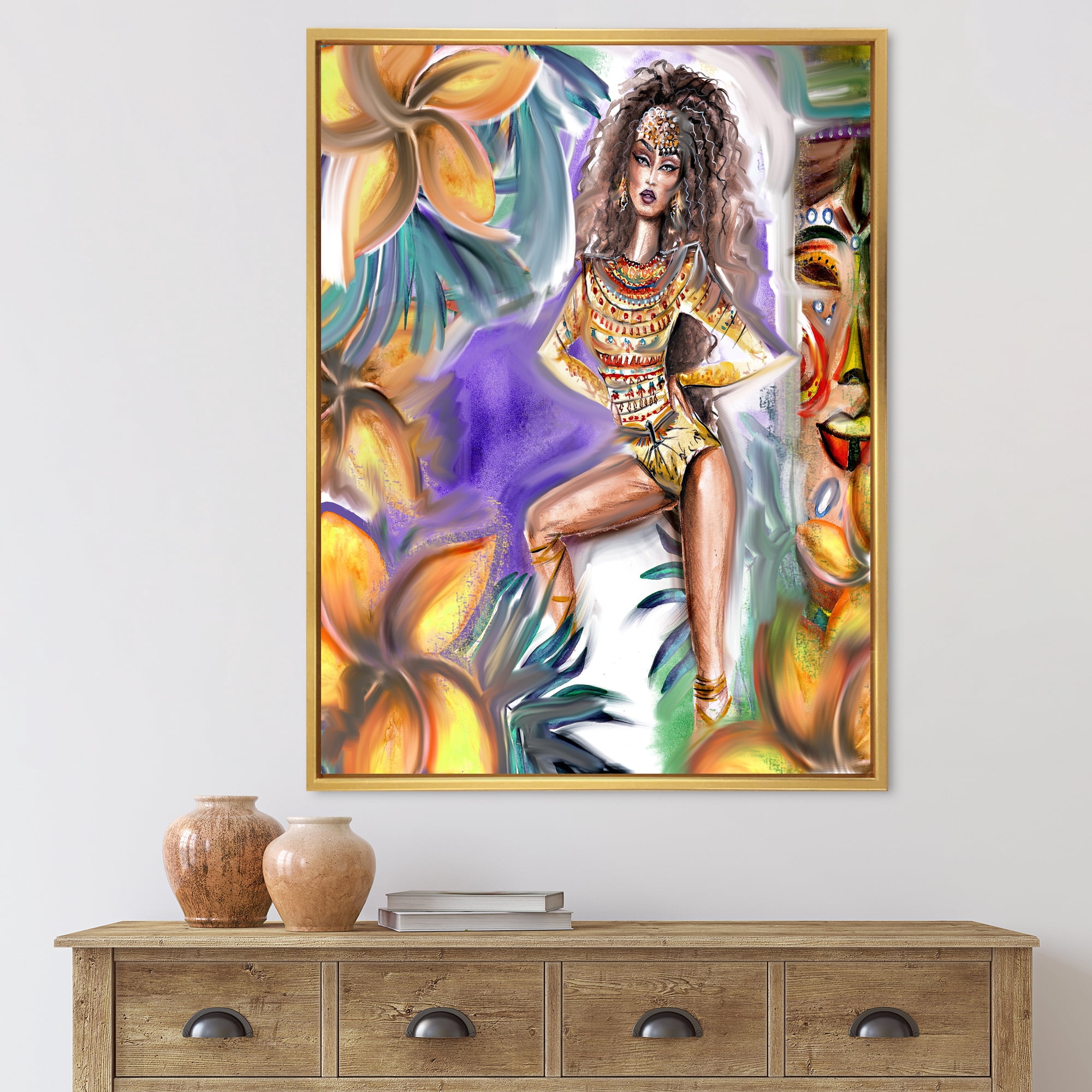 Designart 'Tropical Amazon Warrior Woman ' Traditional Framed Canvas Wall Art Print