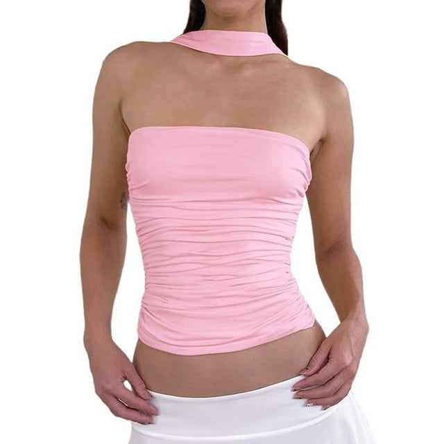 Tops de Tubo Y2K para Mujer, Sin Tirantes, Sin Mangas, para Salir, Ajustados, Sin Espalda, Estilo Bandeau, Ropa Estética. Rosa L