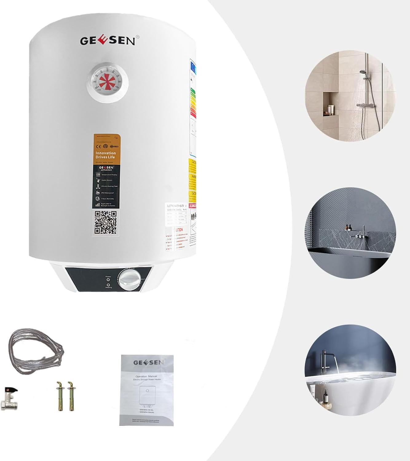 2000W Electric Hot 30L/50L/150L Water Heater Storage, RV TR Endless Trailer Indoor Waterproof Shower Water Heater Compact Point-of-Use, Bathroom Shower (30L) plug in 120v