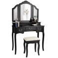 thumbnail image 1 of Gymax Tri-Folding Vanity Makeup Dressing Table Set W/Cushioned Stool 5 Drawers Black, 1 of 10