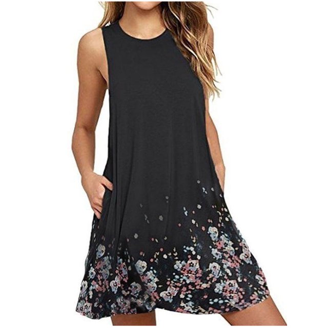 Heliisoer Robe pour Femme, Liquidation Été Mode Femme Col Rond Imprimé Poches Sans Manches Ligne A Nuisette Décontractée Robe