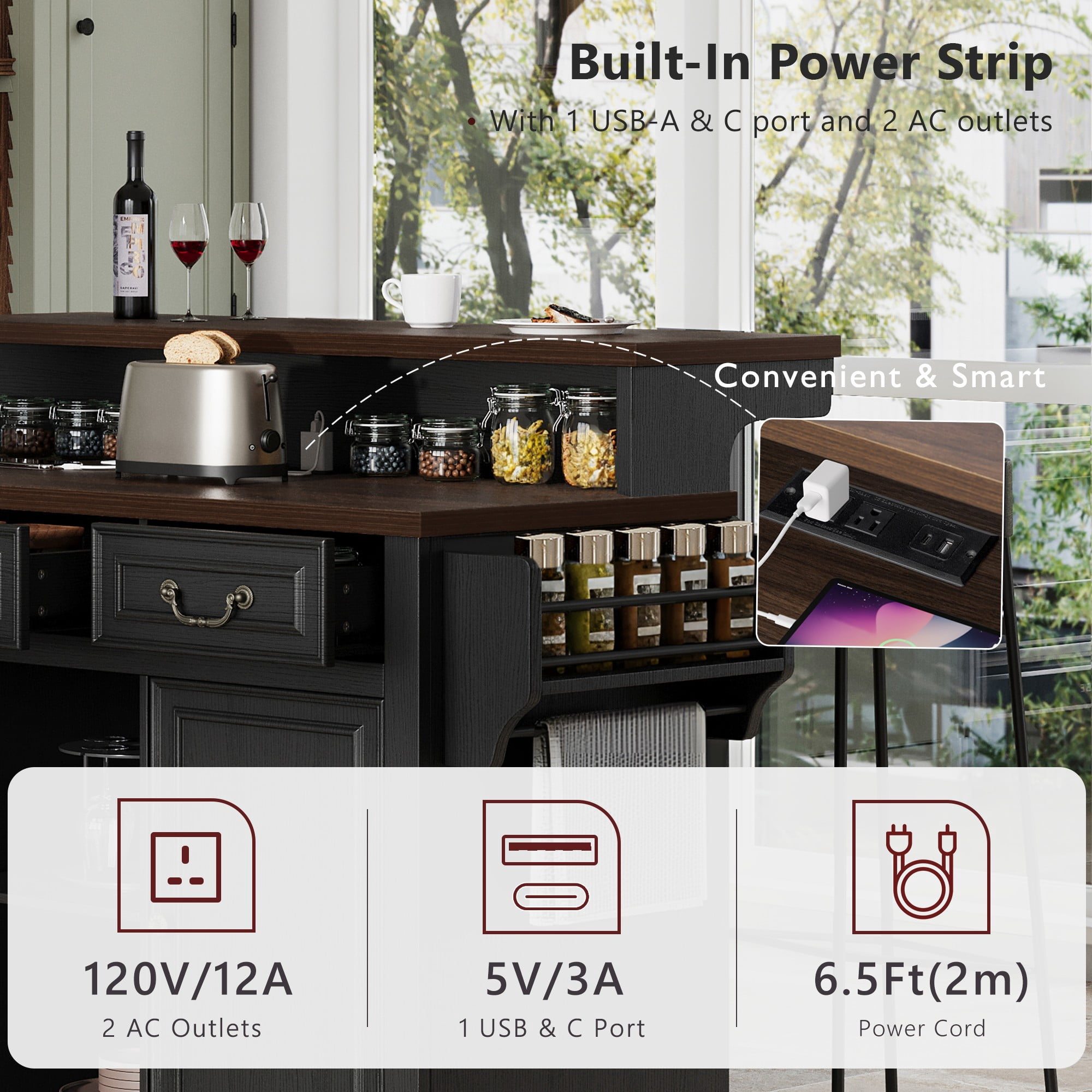 Homy Casa 52" Rolling Kitchen Island Cart with Power Outlet, Raised Bar, Drawers & Shelves, Black
