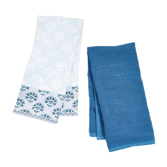 Beautiful Home by Drew Barrymore Floral Block Jacquard Kitchen Towel Set, 2 Piece, Hydrangea, 18" x 28"