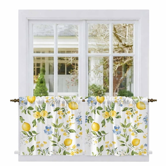 Summer Lemon Tier Curtains, Yellow Fruits Botanical Spring Floral Light Filtering Kitchen Curtains, 2Pcs Rod Pocket Half Window Treatments Panels for Sink Cafe Cabinet Camper 27.5x36 Inches