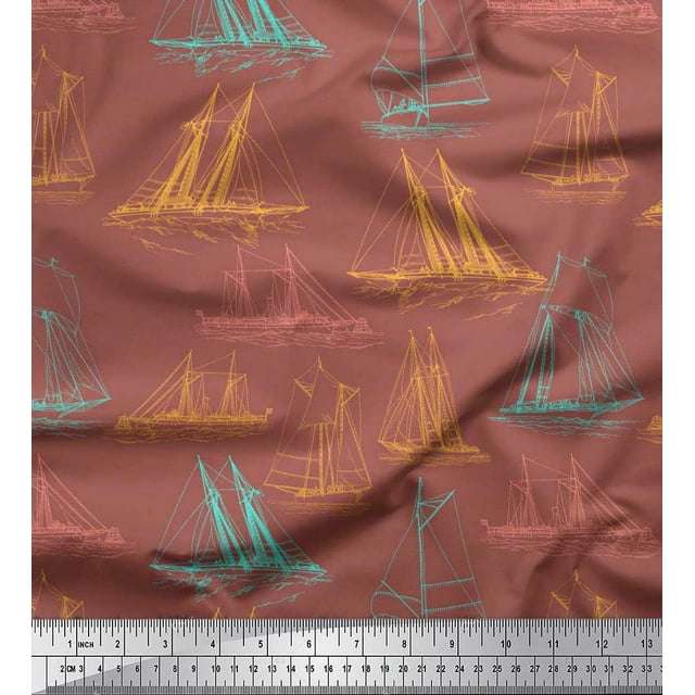 Soimoi Cotton Duck Fabric Ship Ocean Print Fabric by The Yard 56 Inch Wide