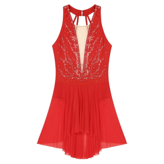 Miutii Figure Ice Skating Dress for Women Sleeveless Glitter Rhinestones Mesh Splice Leotard Red S
