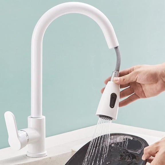 Kitchen Faucets with Pull Out Spray, Kitchen Sink Mixer Faucet Brass 360° Rotation Hot Water and Cold Water Single Hole Multifunction Pull Out Kitchen Mixer Faucet White-B