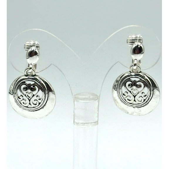 Clip on 1 1/2" silver and black indented cutout dangle earrings