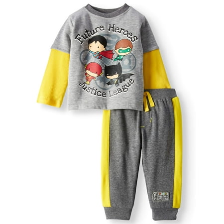 Justice League Baby Boys' Layered Long Sleeve T-Shirt and Jogger Pants, 2-Piece Outfit Set