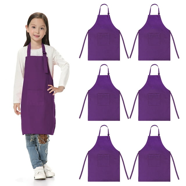 TOPTIE 6 Pack Kids Aprons with Pocket & Adjustable Strap, Child Chef Bib Apron for Kitchen Cooking Baking Painting-Purple-L