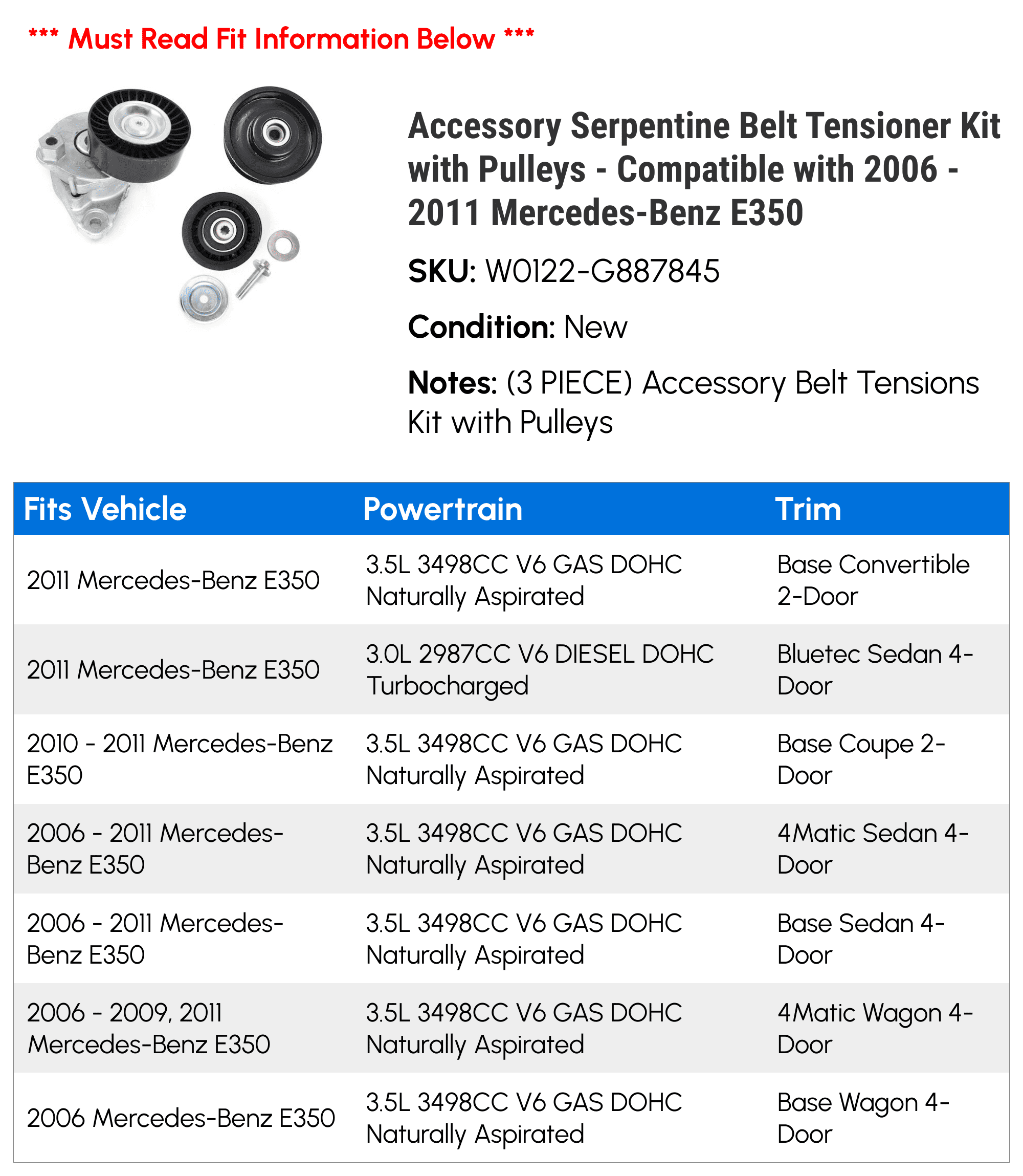 Accessory Serpentine Belt Tensioner Kit with Pulleys - Compatible with 2006 - 2011 Mercedes-Benz E350 2007 2008 2009 2010