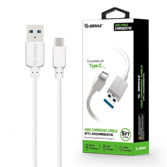 Esoulk 5ft USB-C to USB-A Charge/Sync Cable for TCL 50 LE - White