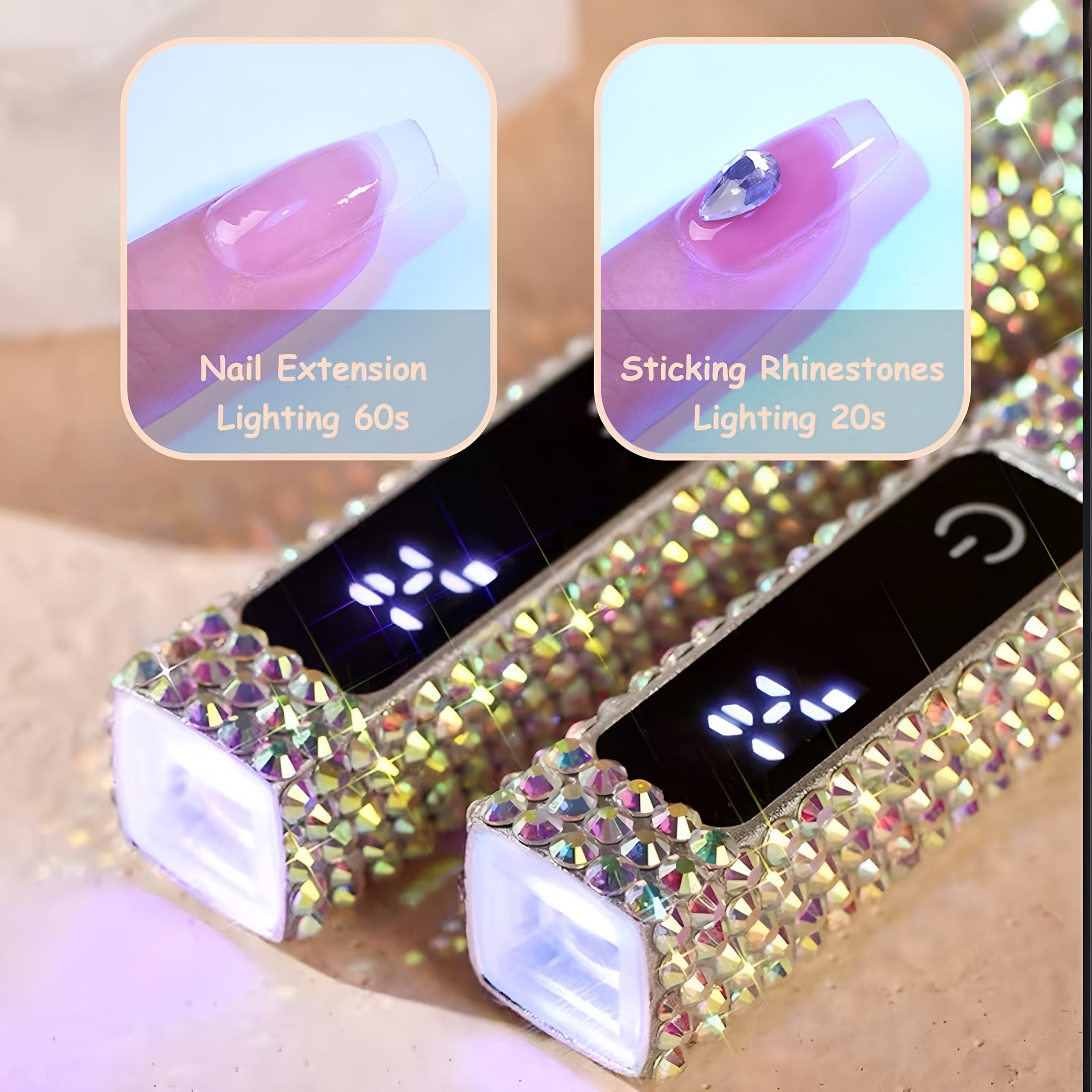 HIBIBUD Crystal Rhinestone Uv Nail Lamp,Artificial Bling Handheld Uv Light for Nails,Portable Mini Nail Light with 2 Timer And Led Display,Rechargeable Usb Nail Dryer for Fast Curing Gel Polish