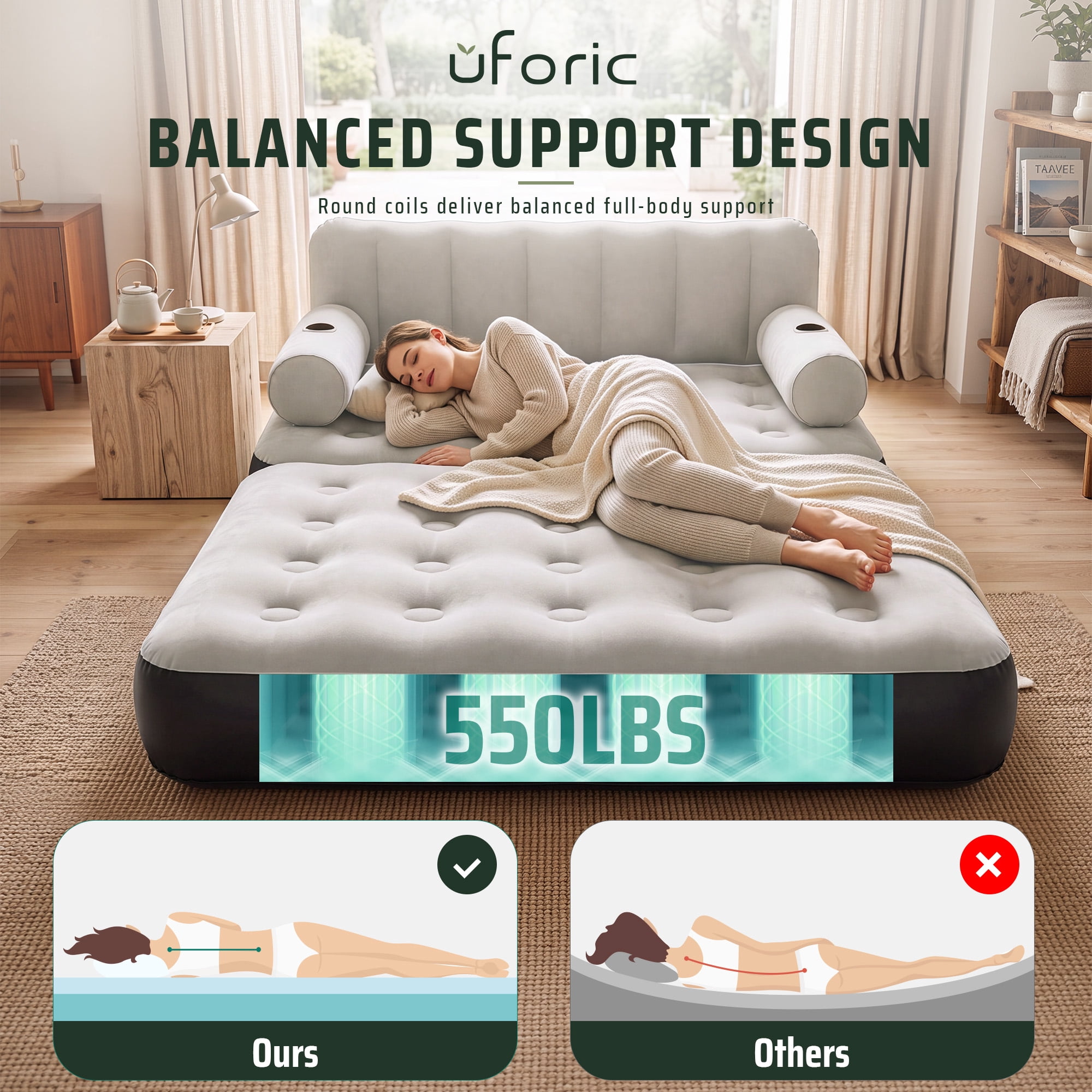 Uforic 3-Piece Air Sofa Bed Set with Pump, Queen & 2 Twin Size 2-in-1 Convertible Inflatable Sofa Bed with Headboard, Cup Holders, Carry Bag for Home Camping Guest Use, Gray