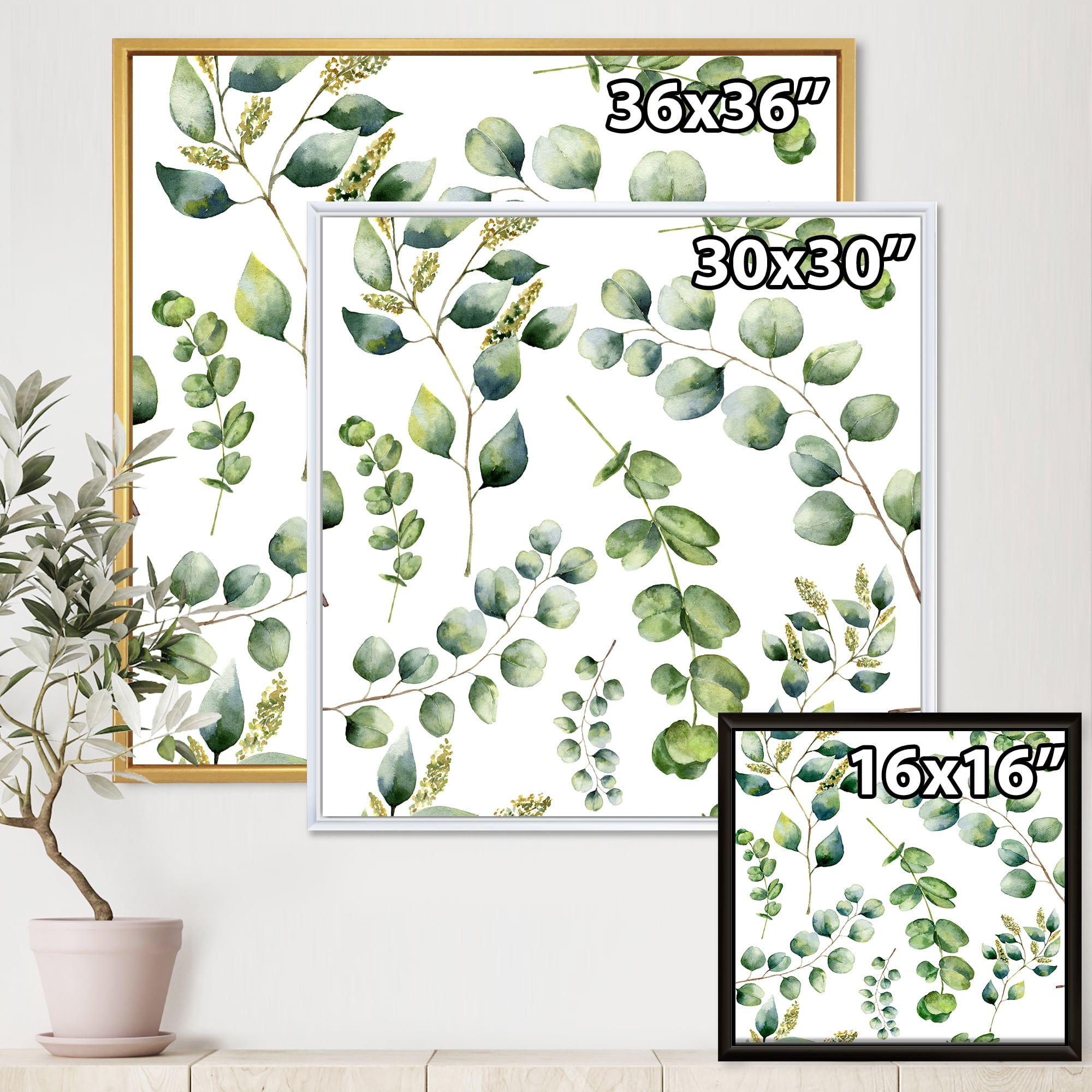 Designart 'Green Eucalyptus Plant Branches III' Traditional Framed Canvas Wall Art Print