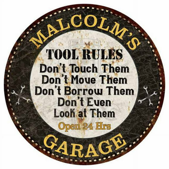 MALCOLM'S Garage Rules 14" Round Metal Sign Garage Bar Wall Decor 100140013417