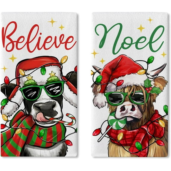 Christmas Highland Cow Kitchen Dish Towels Set of 2, Xmas Farm Animals Drying Hand Towels Believe Noel Baking Cooking Cloth, Farmhouse Holiday Winter Rustic Home Kitchen Decoration 18 x 26 Inch