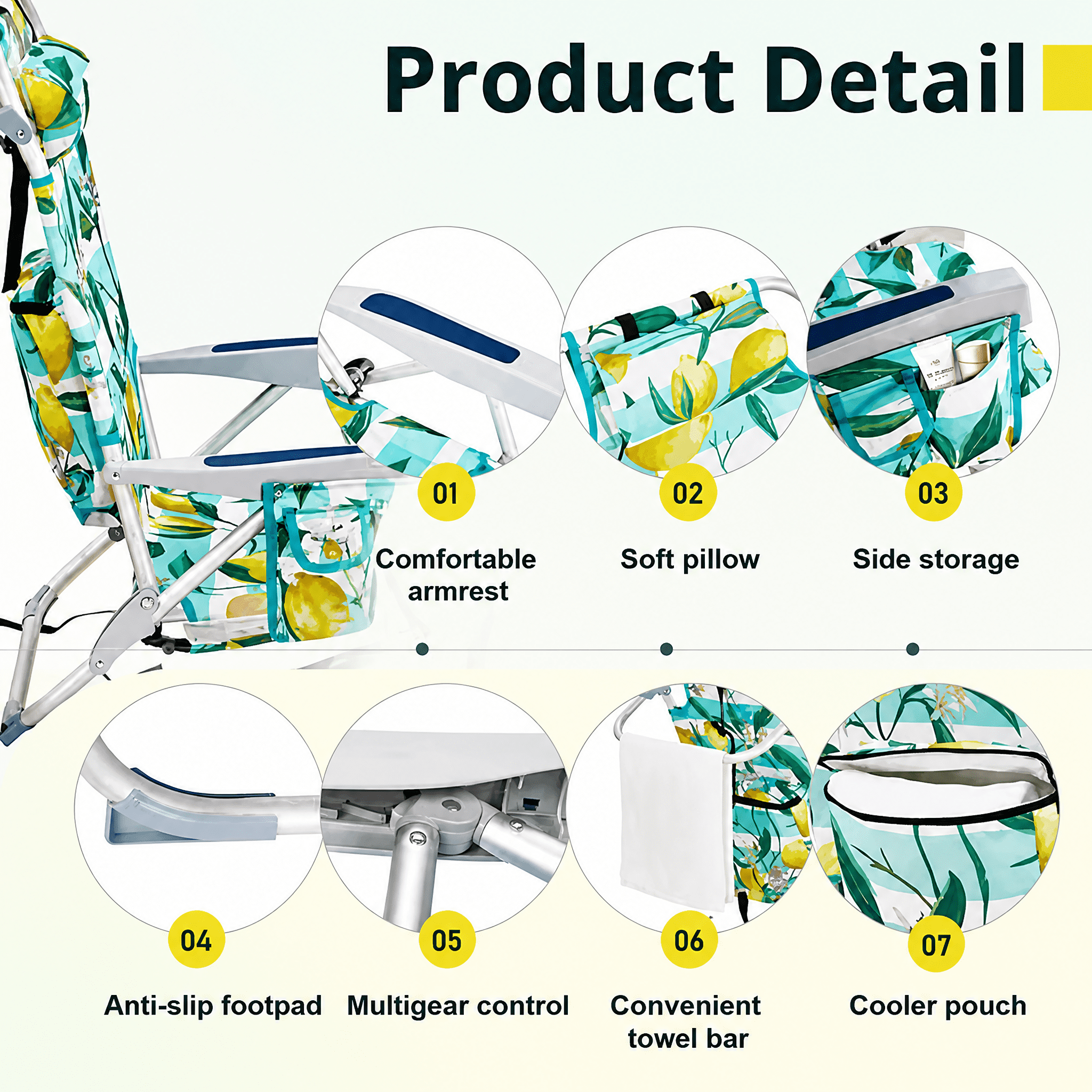 63*65*82cm Short Oxford Cloth Silver White Aluminum Tube Bearing 100kg Beach Chair Lemon