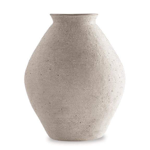 Signature Design by Ashley Hannela Vase, 12" Tall, Antique Tan, Ribbed Polyresin Finish, Home Décor Accent