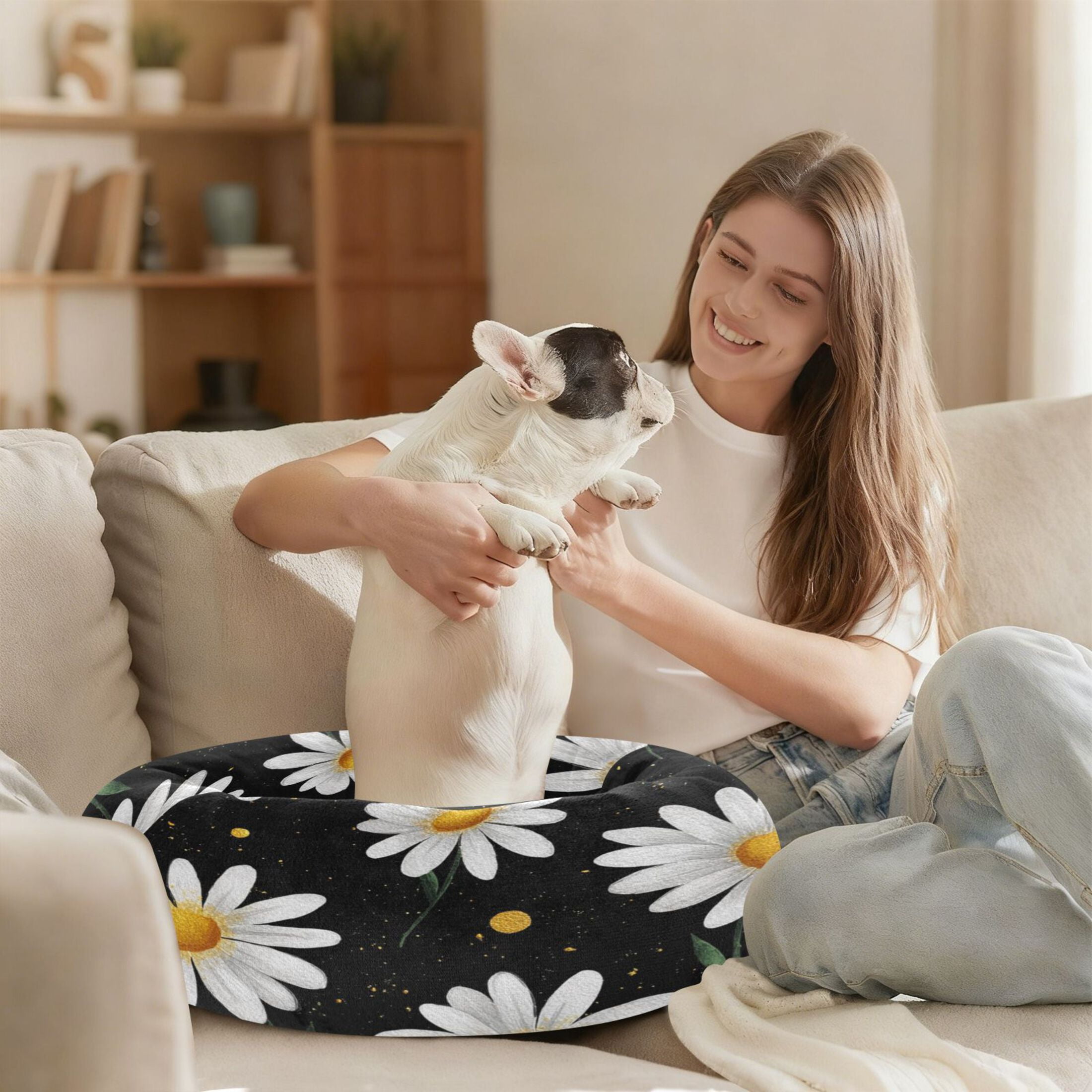 Iauyy Pet Couch Donut Cat Bed for Indoor Cats/Small Dogs Washable & Machine with Non-slip Bottom Calming Cat Furniture, The Artistic Daisy (M)