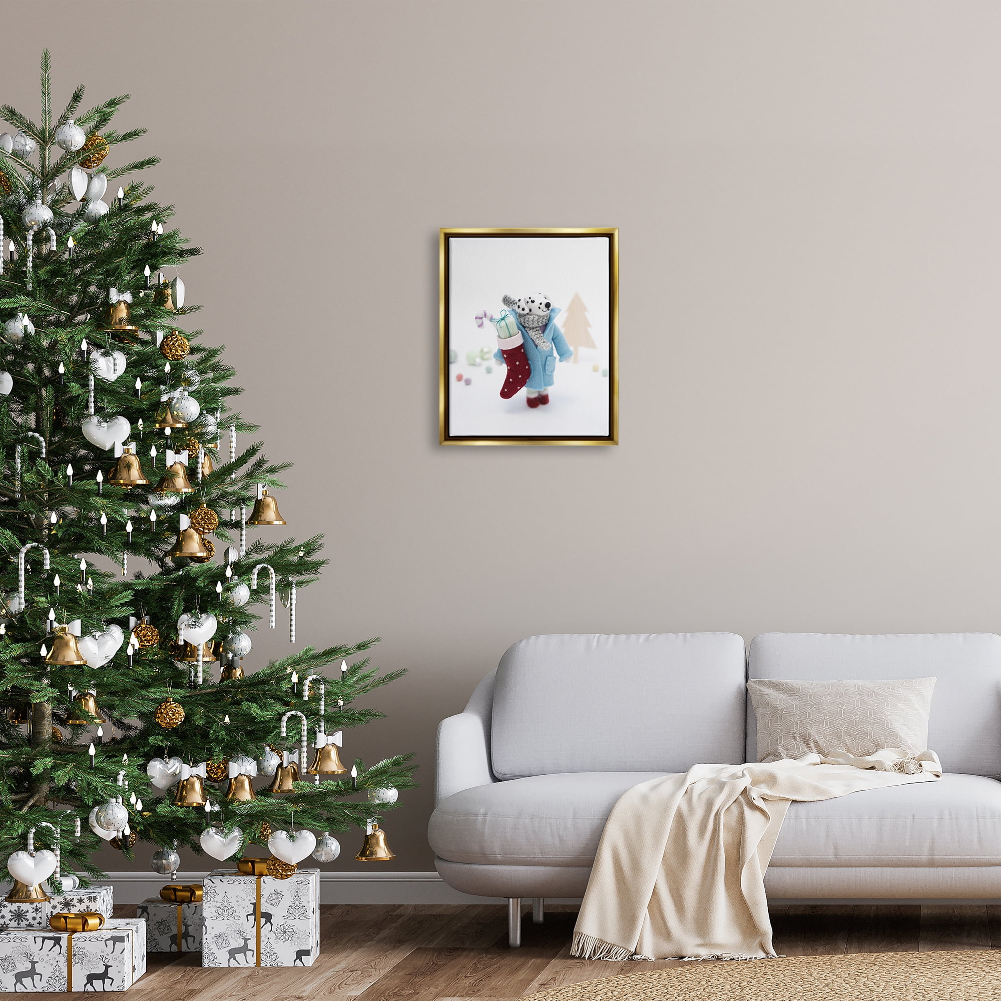 Stupell Industries Dalmatian Christmas Stocking Scene Holiday Photography Gold Floater Framed Art Print Wall Art