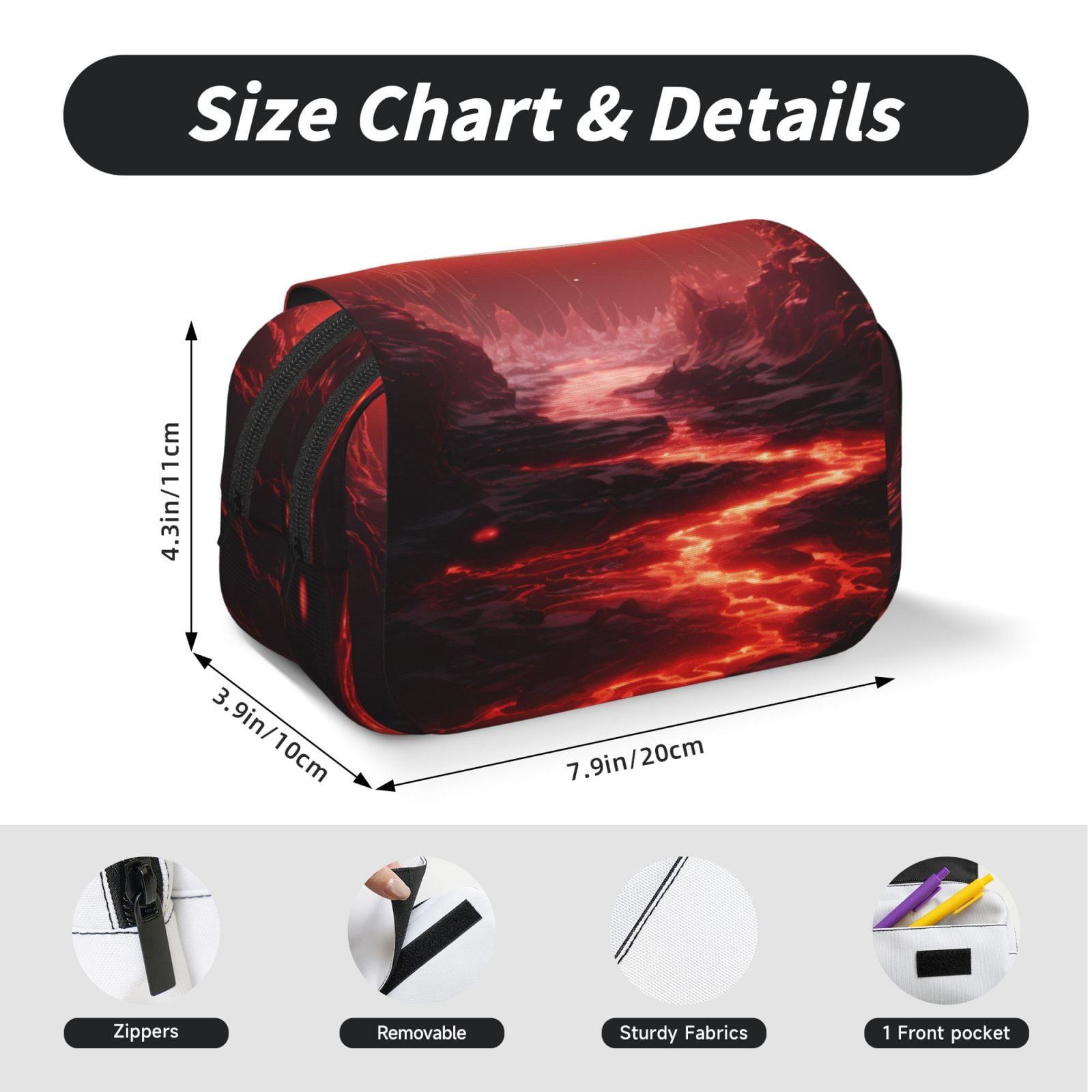 Rateoe Red Moon Lava Pattern Double Clamshell Pen Case, Storage Organizer with Two Zipper Compartments– Holds Up to 50 Pencils & Pens