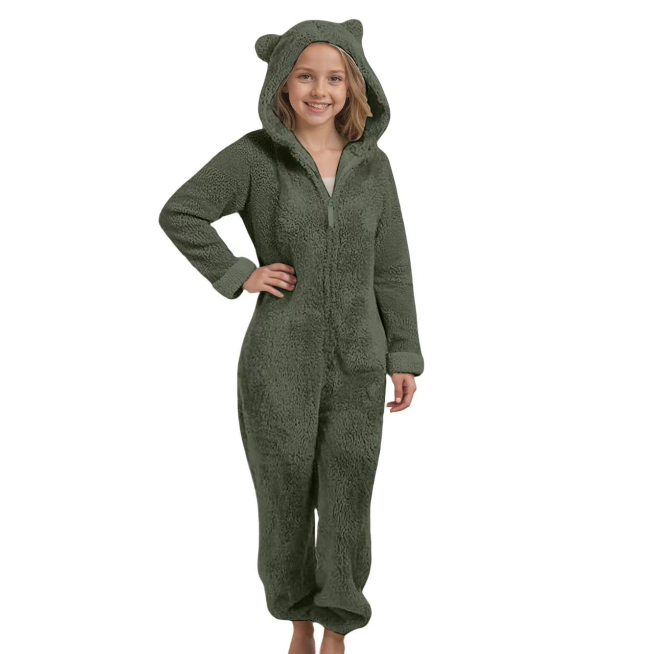 Otqutp Girls Fleece Onesie Fleece Warm Sherpa Bed Jumpsuit Kids Cute Plain Zip up Long Sleeve Soft Hooded Romper for Winter