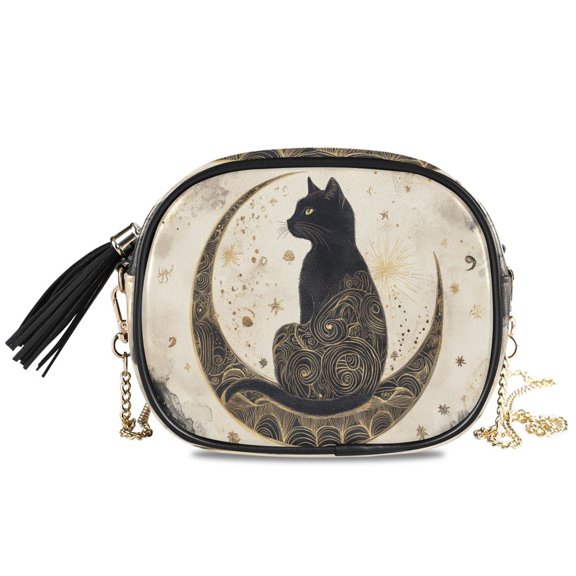 Womens Casual Chain Shoulder Bag Simple style Black Cat on Crescent Moon Crossbody Bag